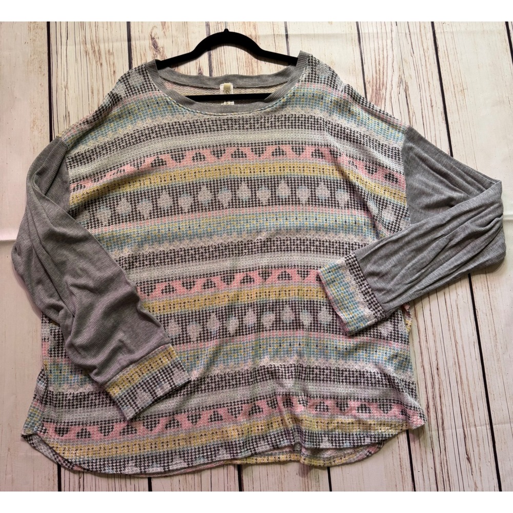 Crepas Womens Multi Color Fair Isle Waffle Knit Thermal Long Sleeve Top 4X